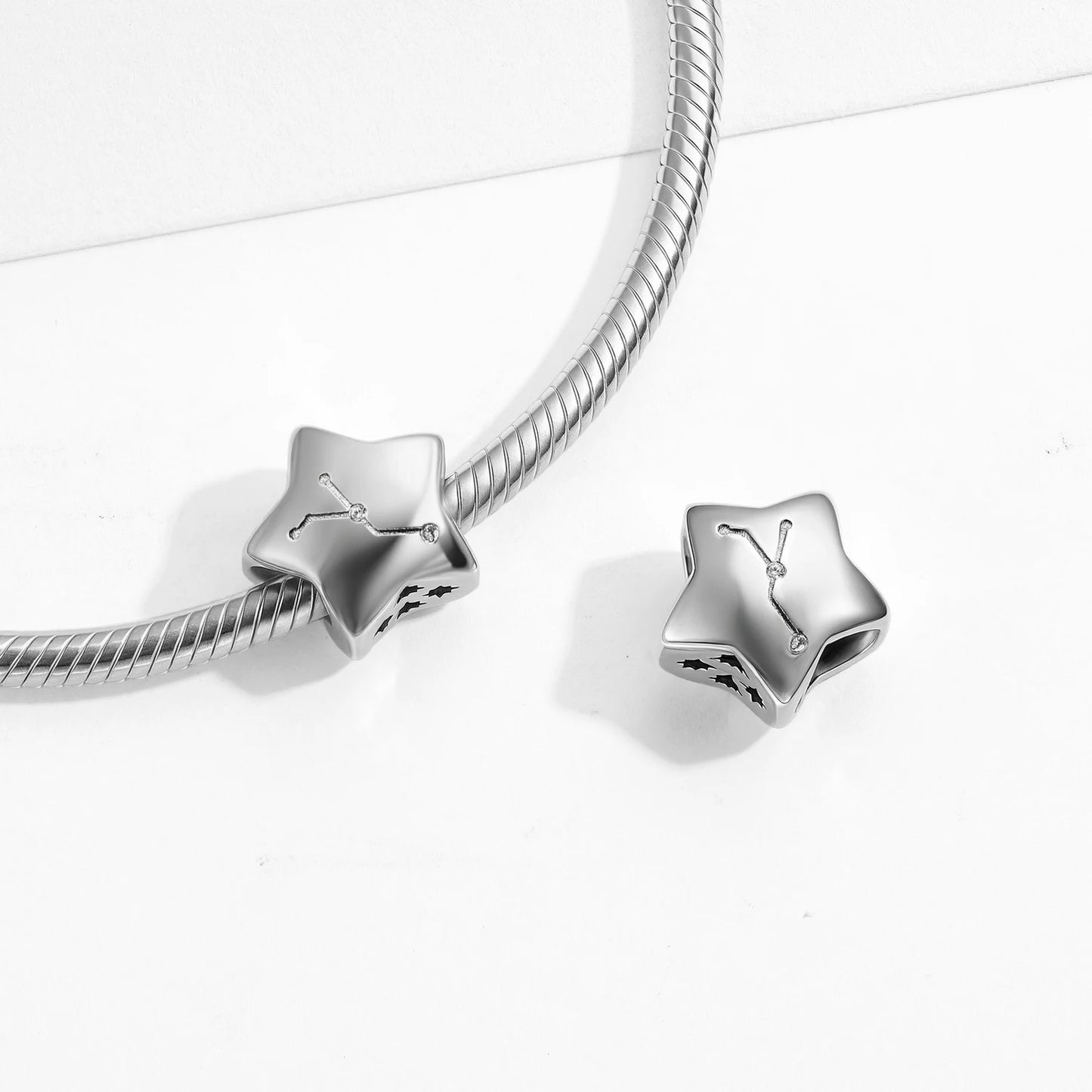 Plain Silver Zircon Lines 925 Sterling Silver 12 Zodiac Signs for Charm Beads Fit Original Bracelet Diy Jewelry Accessories