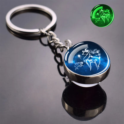 Glowing 12 Zodiac Keychain Sagittarius Scorpio Libra Aquarius Pisces Zodiac Glass Ball Luminous Keyring for Birthday Gift