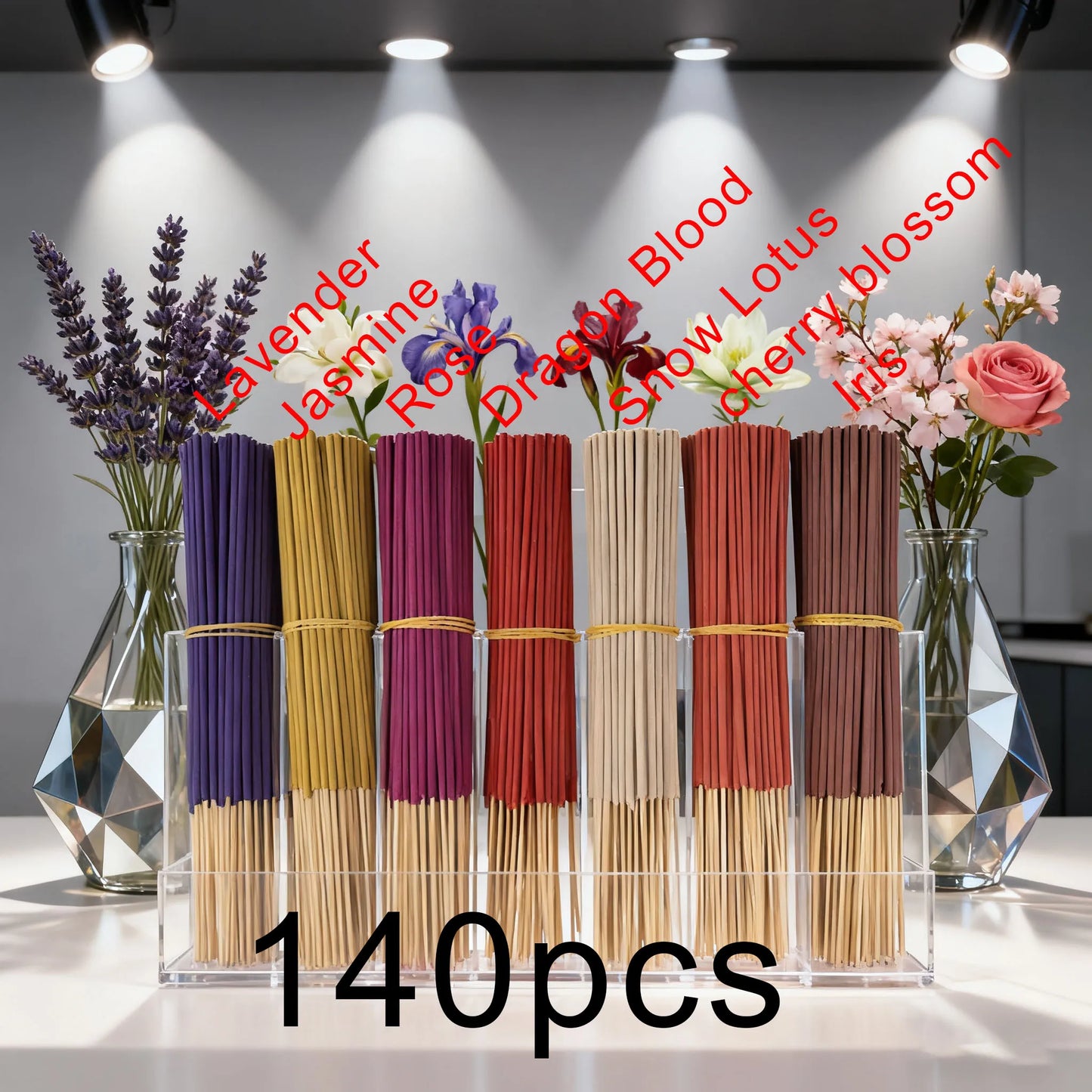 7 Sets of 140 Incense Sticks, Available in Four Seasonal Sets: Rose, Lavender, Sandalwood, Jasmine, Mint, Cherry Blossom, Herbal and Dragon Bloodwood, Each Pack Contains 20 Sticks, Suitable for Home, Office, Yoga, Meditation,
