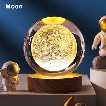 6cm 3D Crystal Ball Decoration 2024 Astronomy Solar System Planets Moon Astronaut LED Balls Home Snow Glass Globe Decorations