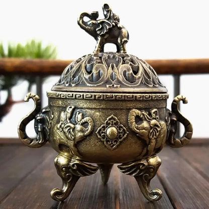 Brûleur d'Encens Éléphant Porte-Bonheur en Métal Brûleur d'Encens Lotus Bol Porte-Encens avec Poignée Yoga Méditation Décoration Maison Style Ancien