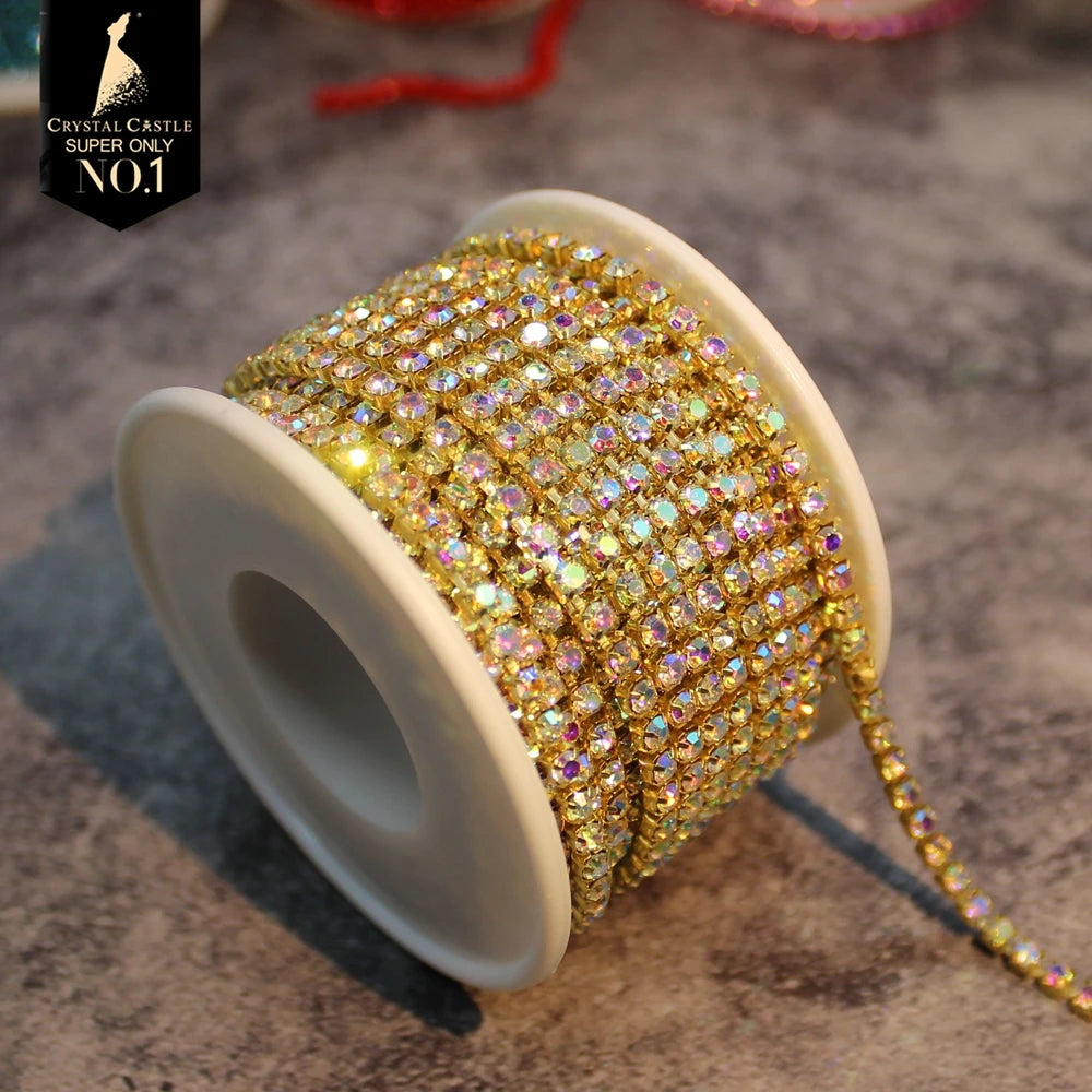 Rhinestones Chain Roll Tassel 1/10Yard Crystal Ribbon Strass Banding Sew On Gold Rhinestone Trim Strip Cup Chains For Needlework