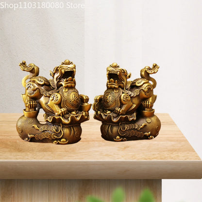 Copper Brass Caifu Pixiu Statue Decor Chinese Home Office Lucky Feng Shui Decoration Large