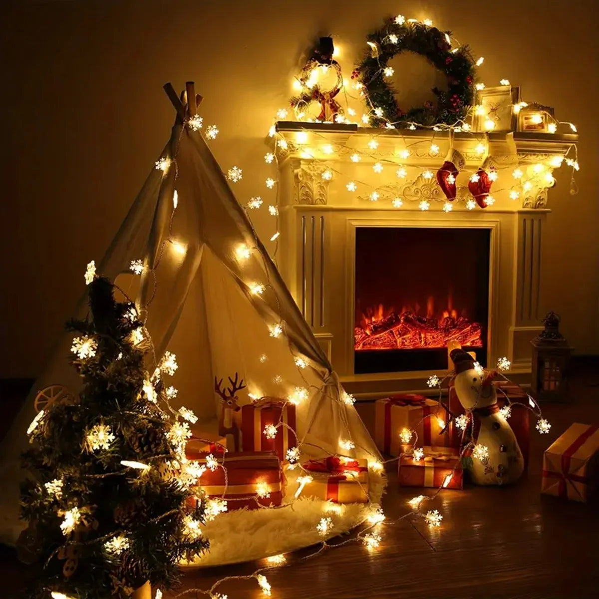 1pc LED Christmas Snowflake String Light Indoor & Outdoor Hanging Decorative Lighting Fairy Atmosphere Lamp For Garden Party