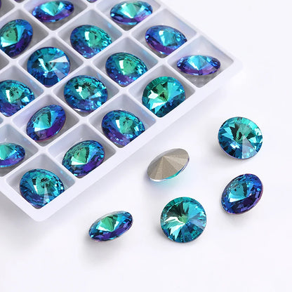 6/8/10/12/14MM Rivoli Rhinestone Round Pointed Diamond Stones Colorful Beads Crafts Crystal Nail Clothes Jewelry Accessories
