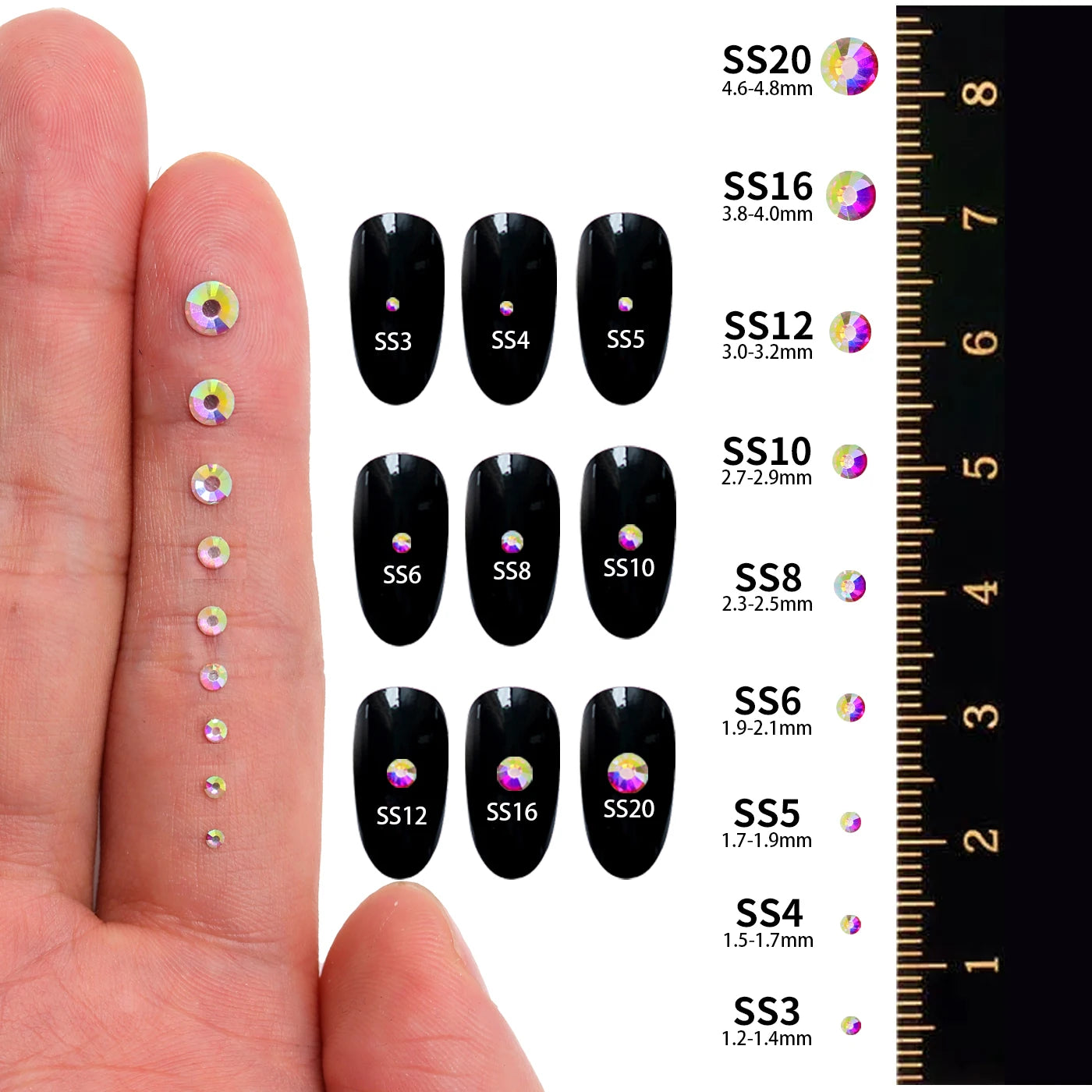 1440Pcs Mix Size Glass Flatback Rhinestone Glitter Crystal AB Round Diamond Non Hotfix Glue On Stone for DIY Nail Art Decoration