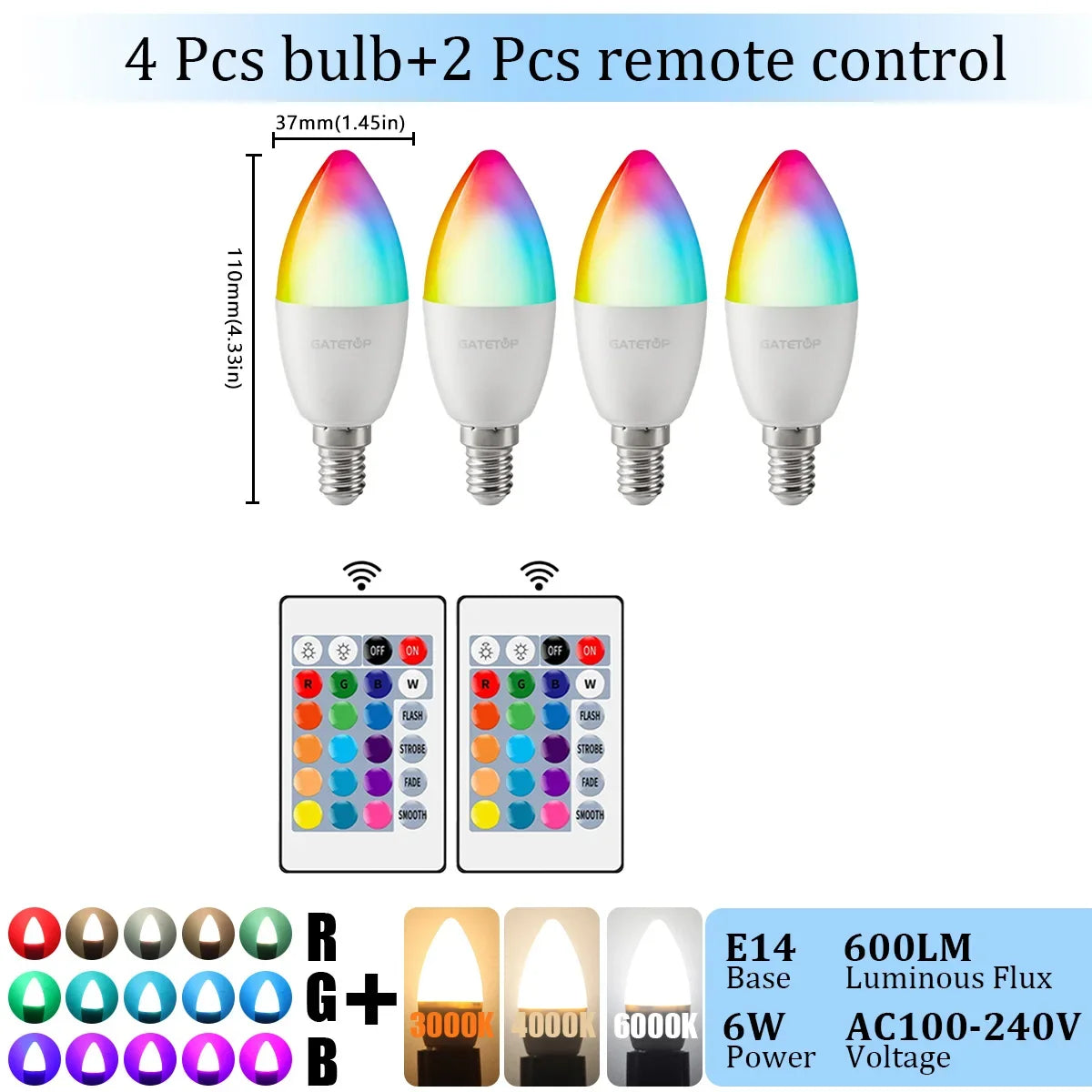 1-10PCS E14 Candle LED Bulb RGB 24 Key Remote Control Dimmable 6W AC220V 110V Colorful Change for Bedroom Living Room Lamp