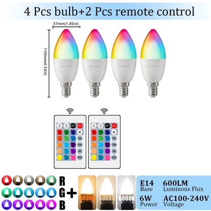 1-10PCS E14 Candle LED Bulb RGB 24 Key Remote Control Dimmable 6W AC220V 110V Colorful Change for Bedroom Living Room Lamp