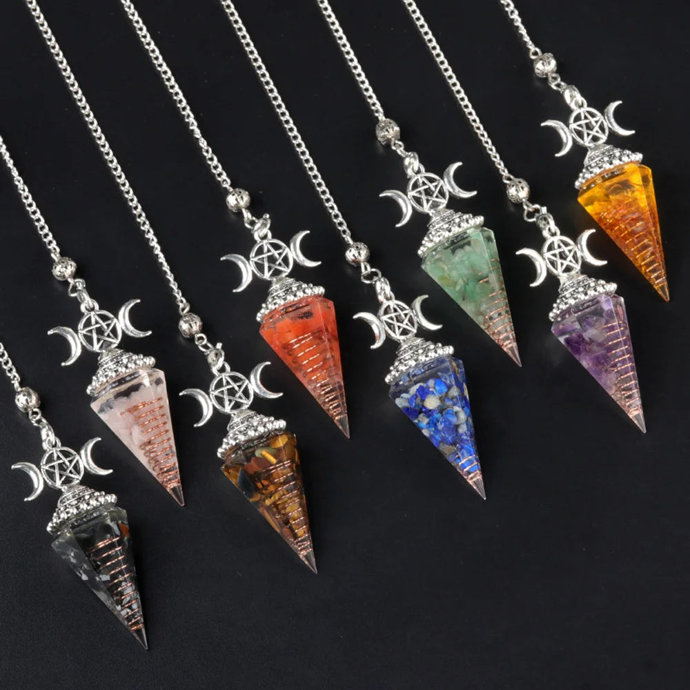 54x24mm Natural Stone Crystal Reiki Pendulum Three Phases Moon Hexagonal Cone Amethysts Charms for Jewelry Making DIY Necklace