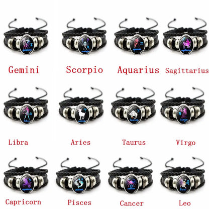 Twelve Constellation Bracelet Hand-woven Beaded Retro Leather Zodiac Sign Beads Bangle Bracelets For Women Men Jewelry Gift