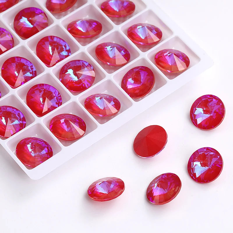 6/8/10/12/14MM Rivoli Rhinestone Round Pointed Diamond Stones Colorful Beads Crafts Crystal Nail Clothes Jewelry Accessories