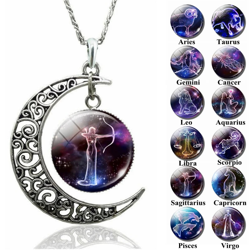 12 Constellation Necklace Zodiac Signs Cabochon Glass Crescent Moon Pendant Clavicle chain Necklace Birthday Gifts for Women