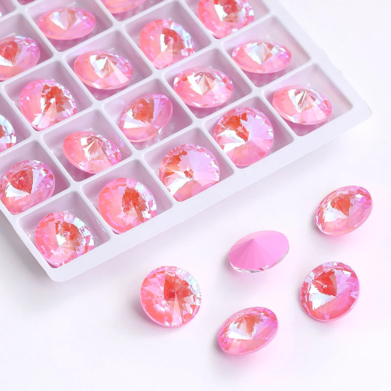 6/8/10/12/14MM Rivoli Rhinestone Round Pointed Diamond Stones Colorful Beads Crafts Crystal Nail Clothes Jewelry Accessories