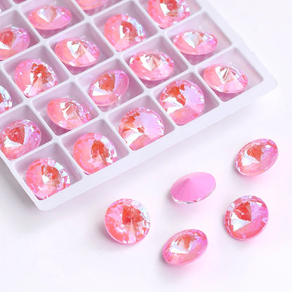 6/8/10/12/14MM Rivoli Rhinestone Round Pointed Diamond Stones Colorful Beads Crafts Crystal Nail Clothes Jewelry Accessories