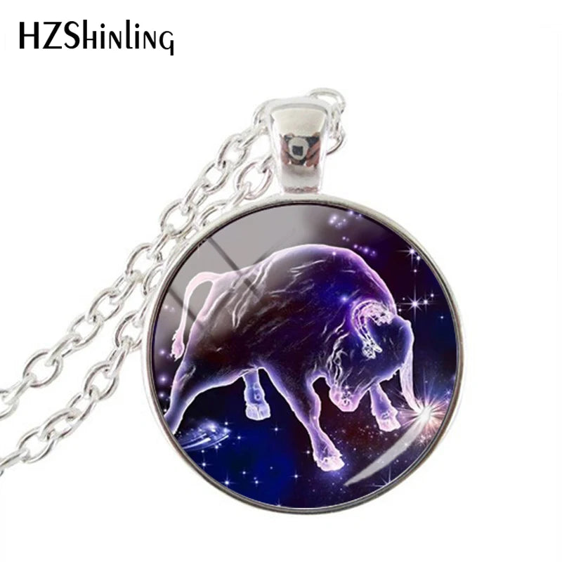 Fashion Purple Galaxy 12 Horoscope Scorpio Sagittarius Capricorn Aquarius Pendant Fashion Necklace Glass Dome Jewelry Gift