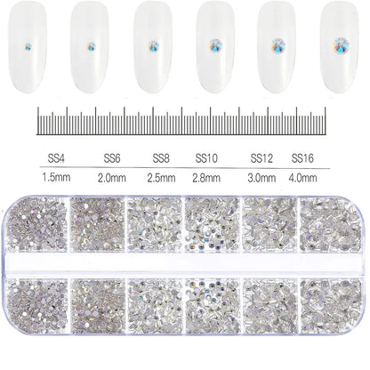 12Gird 3D Glass AB Crystal Nail Art Rhinestones Kit Flatback Round Bead Charm Gem Stones Jewelry Diamond with Tools for Nail Art
