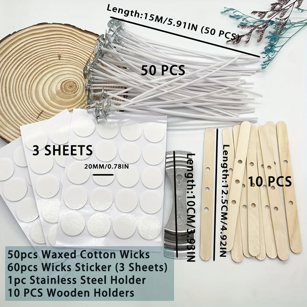 Candle Making DIY Kits,Candle Wicks,60pcs Wicks Sticker,50pcs Waxed Cotton Wicks with Metal Sustainer Tabs for Candle Making