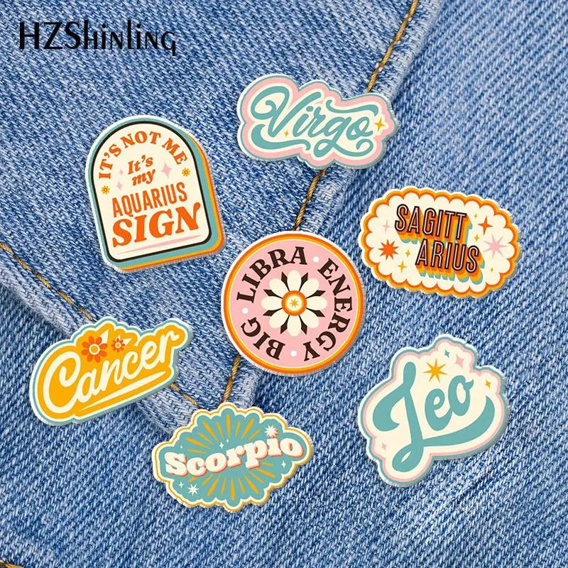 2023 New Zodiac Sign Retro Acrylic Lapel Pin Leo Virgo Cancer Epoxy Butterfly Clasp Pin Handmade Butterfly Brooch