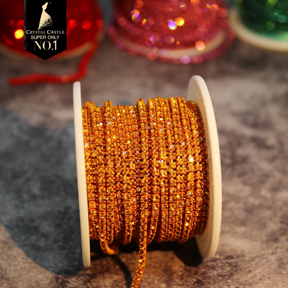 Rhinestones Chain Roll Tassel 1/10Yard Crystal Ribbon Strass Banding Sew On Gold Rhinestone Trim Strip Cup Chains For Needlework