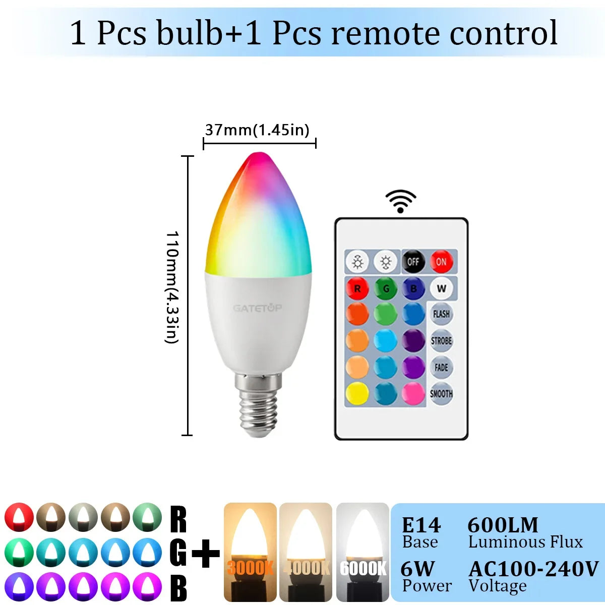 1-10PCS E14 Candle LED Bulb RGB 24 Key Remote Control Dimmable 6W AC220V 110V Colorful Change for Bedroom Living Room Lamp