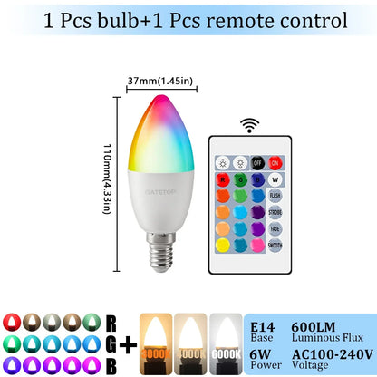 1-10PCS E14 Candle LED Bulb RGB 24 Key Remote Control Dimmable 6W AC220V 110V Colorful Change for Bedroom Living Room Lamp