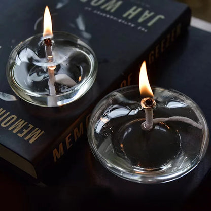 Handcrafted Flat Transparent Glass Candle Holder Oil Lamp，With a light core，Can be used as table candles，Christmas home decor at