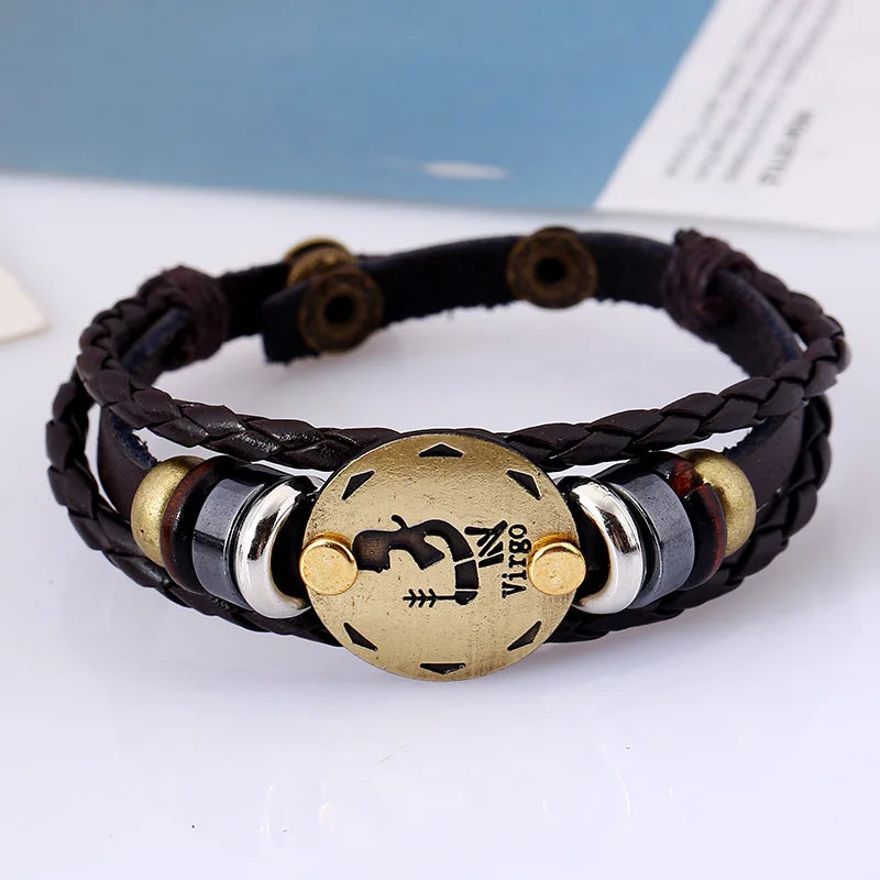 12 Horoscope Leather Bracelet for Women Man Vintage Retro Charm Male Bracelets Jewelry Gifts Pulseras Hombre Pulseras De Mujer