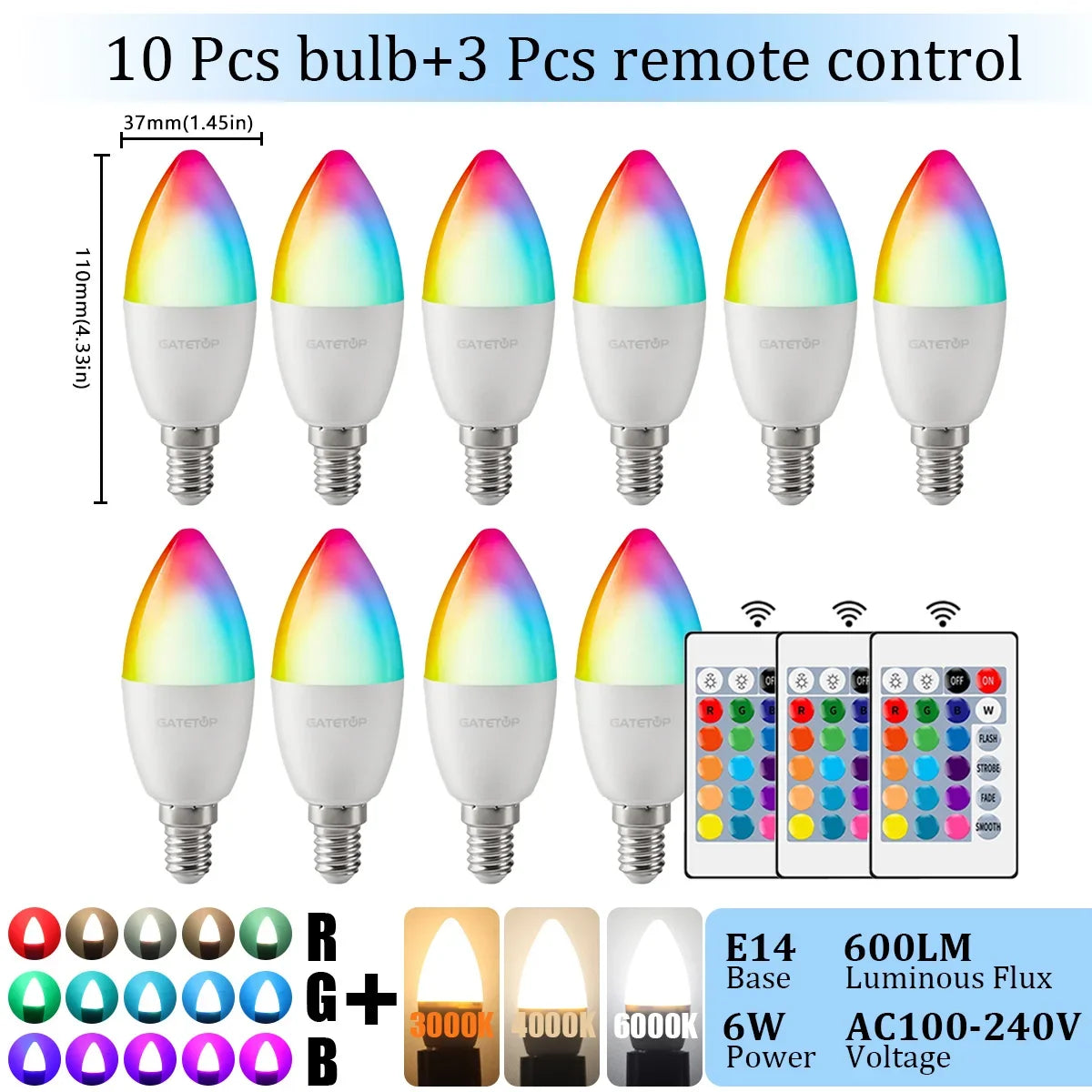 1-10PCS E14 Candle LED Bulb RGB 24 Key Remote Control Dimmable 6W AC220V 110V Colorful Change for Bedroom Living Room Lamp