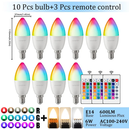 1-10PCS E14 Candle LED Bulb RGB 24 Key Remote Control Dimmable 6W AC220V 110V Colorful Change for Bedroom Living Room Lamp