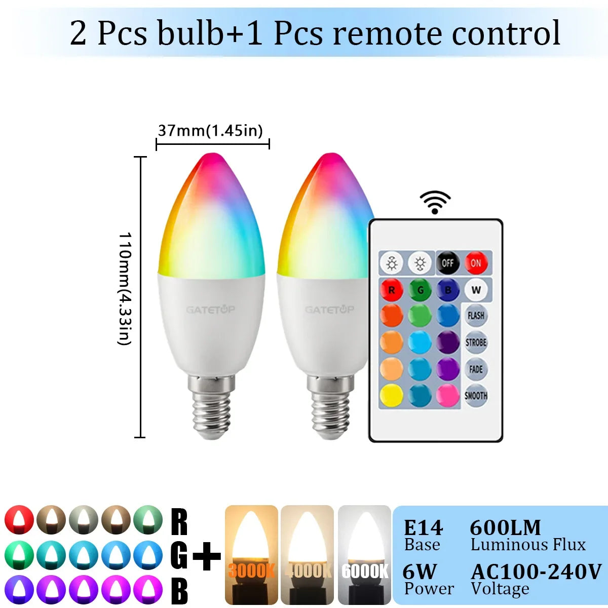 1-10PCS E14 Candle LED Bulb RGB 24 Key Remote Control Dimmable 6W AC220V 110V Colorful Change for Bedroom Living Room Lamp