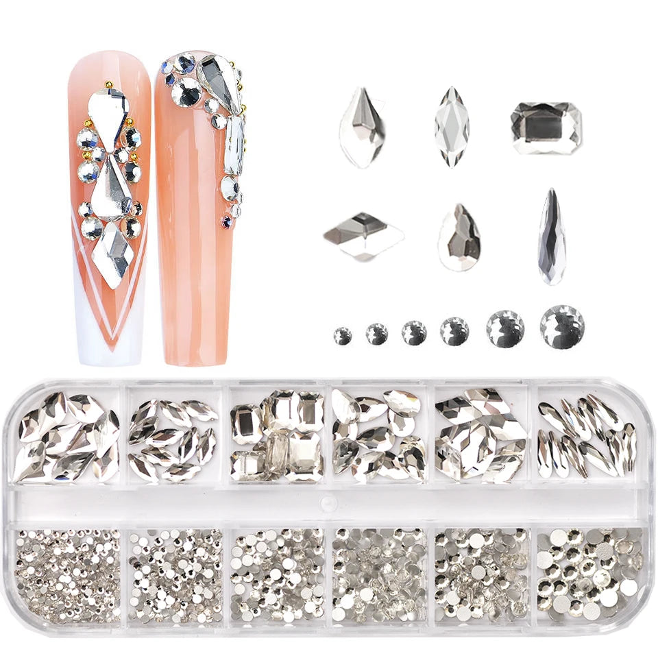 12 Grids Clear Mixed Sizes Nail Art Rhinestones Crystal 3D Glitter Non Hotfix Diamond Decoration Nail Parts Accessories