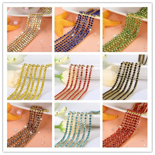 1yard/piece SS6 SS8 SS12 19Colors Glass Crystal Rhinestone Chain,Gold Bottom Sew On Cup Chains For Diy Garment Bags Decorations