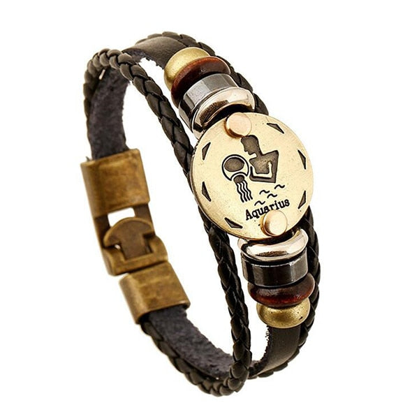 12 Constellations Bracelet 2018 New Fashion Jewelry Leather Bracelet Men Casual Personality Zodiac Signs Punk Men Bracelet C002