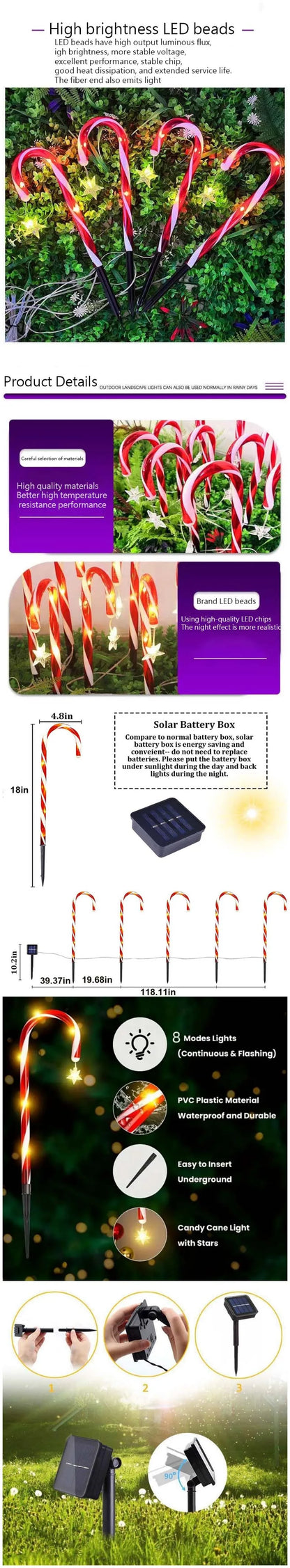 8pcs/set solar powered garden cane lights, 8-function waterproof decorative lights, Christmas candy garden lights