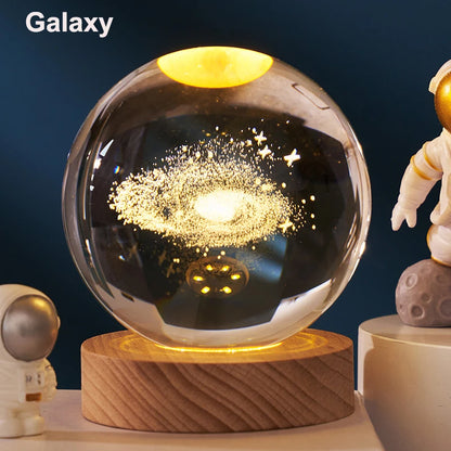 6cm 3D Crystal Ball Decoration 2024 Astronomy Solar System Planets Moon Astronaut LED Balls Home Snow Glass Globe Decorations