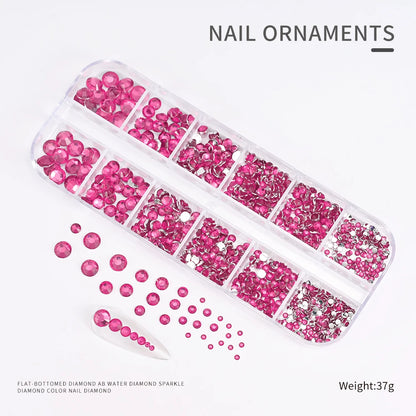 12Gird 3D Glass AB Crystal Nail Art Rhinestones Kit Flatback Round Bead Charm Gem Stones Jewelry Diamond with Tools for Nail Art