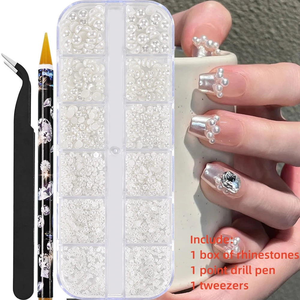 12Gird 3D Glass AB Crystal Nail Art Rhinestones Kit Flatback Round Bead Charm Gem Stones Jewelry Diamond with Tools for Nail Art