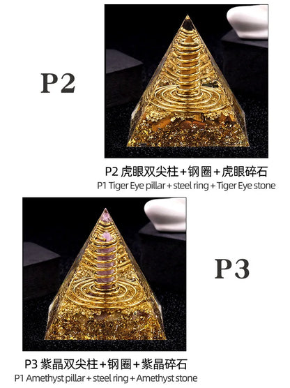 Natural Crystal Energy Generator Pyramid Peridot Gold Sandstone Reiki Healing Resin Pyramid Egyptian Room Decoration 6x6cm