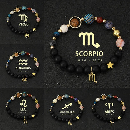 Bracelet 12 Zodiac Signs Virgo Taurus Cosmic Galaxies Eight Planets Constellation Bracelet Natural Stone Solar System Bracelet