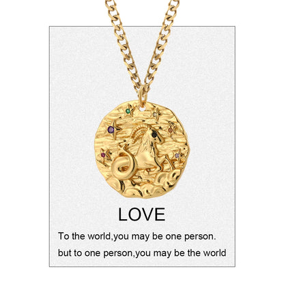 12 Zodiac Constellation Necklace for Women Gold Color Amulet Vintage Coin Woman's Pendant Copper Pave CZ Trendy Punk Collars