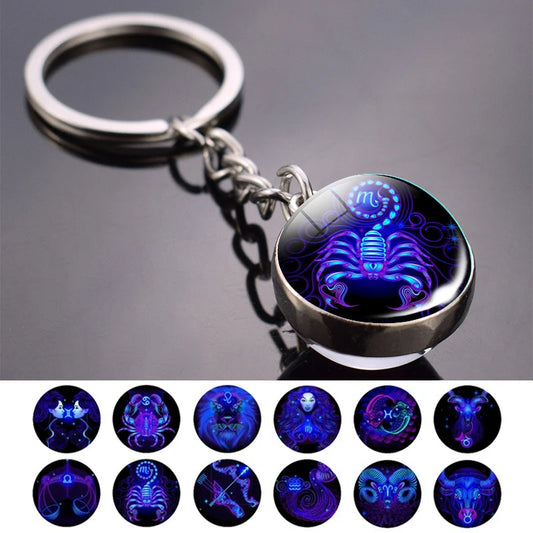 Porte-clés 12 Constellations Mode Double Face Cabochon en Verre Porte-clés Signes du Zodiaque Bijoux Pour Hommes Pour Femmes Cadeau d'Anniversaire
