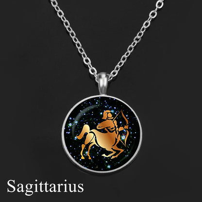 12 Constellation Necklace Orange Zodiac Sign Glass Cabochon Pendant Silver Color Chain Necklace