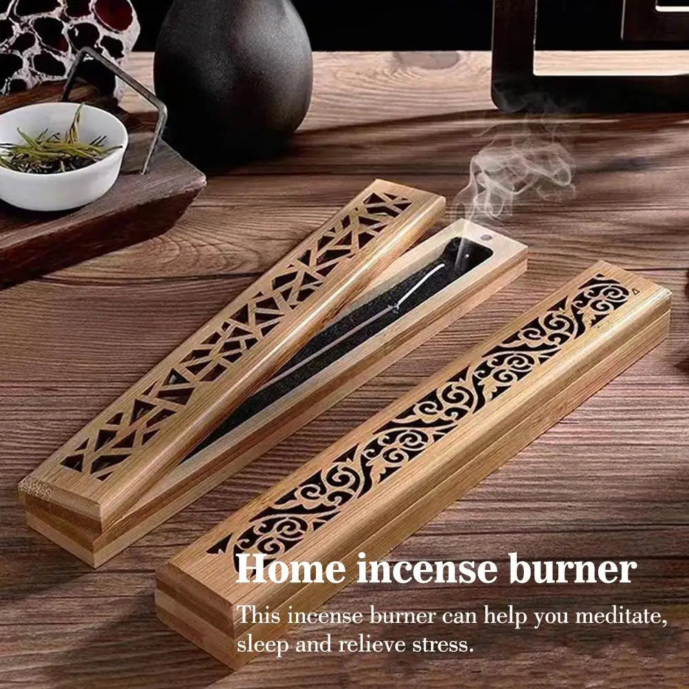 Natural Bamboo Incense Burner With Laying Plate Aromatherapy Wooden Box For Incense Storage Burning Hollowed Line Incense Box