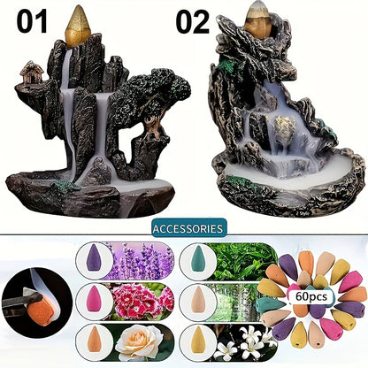 1pc Mountains River Waterfall Reflux Incense Burner Fountain Backflow Aroma Smoke Censer Holder Home Crafts +60 Incense Cones