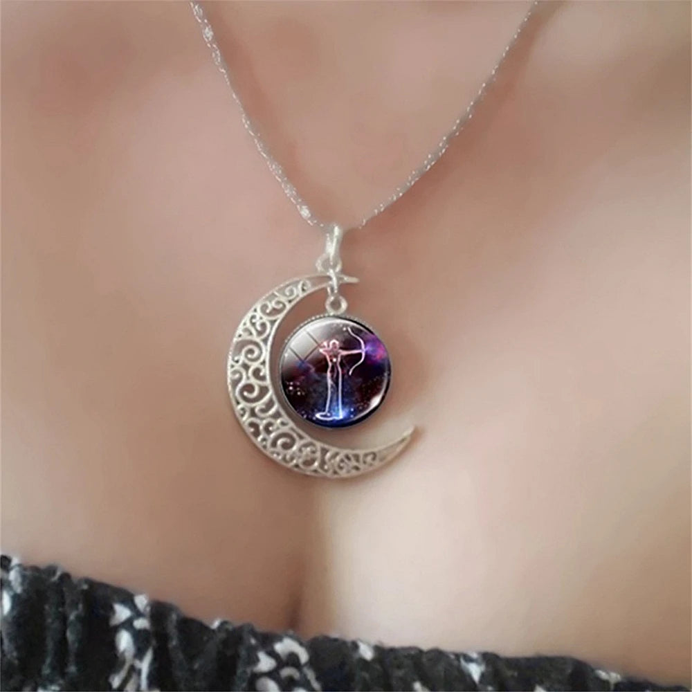 Luminous 12 Constellation Crescent Moon Pendant Necklace Galaxy Zodiac Astrology Horoscope Charm Necklaces For Women Men Girls