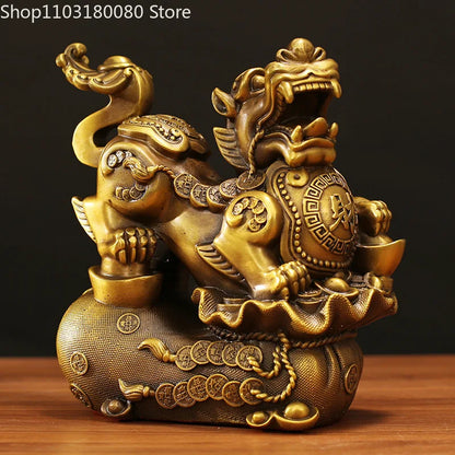 Copper Brass Caifu Pixiu Statue Decor Chinese Home Office Lucky Feng Shui Decoration Large