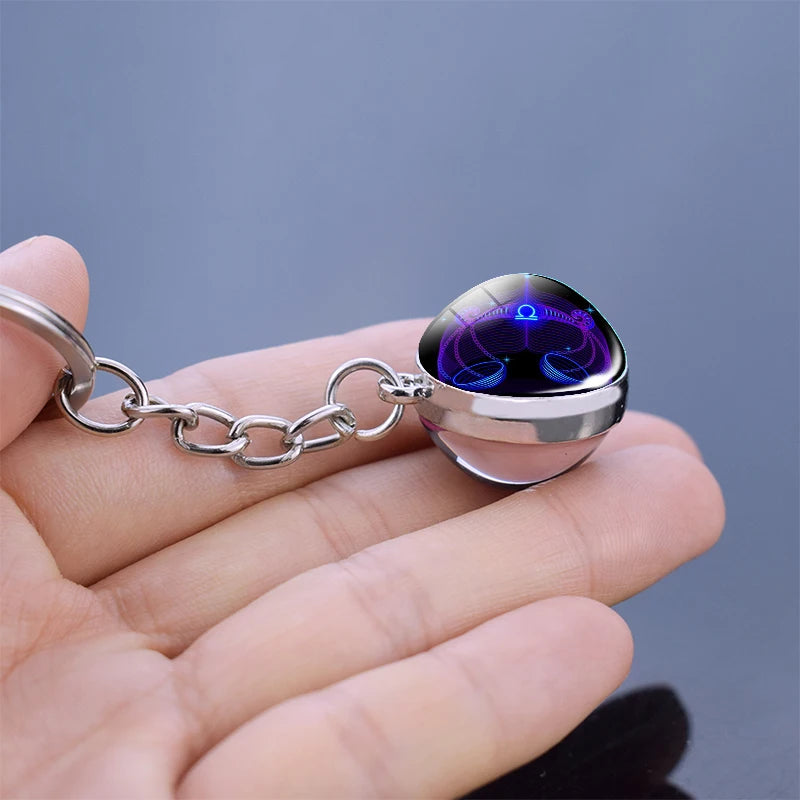12 Constellation Keychain Fashion Double Side Cabochon Glass Ball Keychain Zodiac Signs Jewelry For Men For Women Birthday Gift