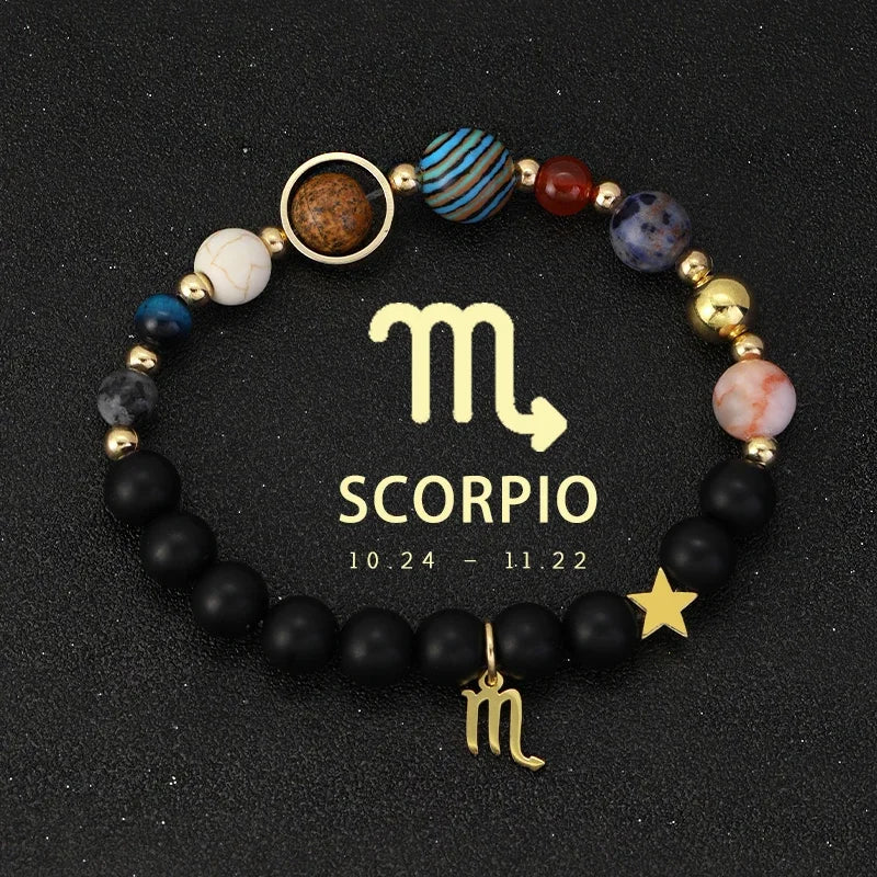 Bracelet 12 Zodiac Signs Virgo Taurus Cosmic Galaxies Eight Planets Constellation Bracelet Natural Stone Solar System Bracelet