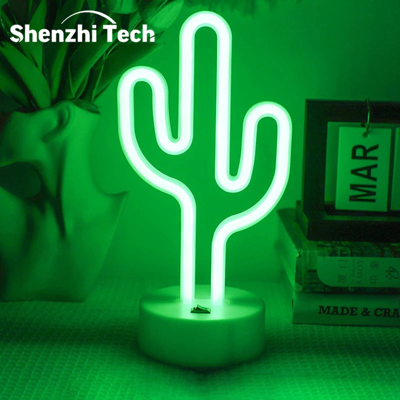 Cute Cactus Neon Sign Lights Battery & USB Powered LED Table Lamp for Party Birthday Gift Living Room Camping Summer Home Decor