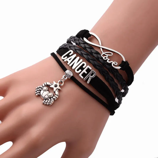 12 Constellation Zodiac Sign Black Braided Leather Bracelet Cancer Leo Virgo Libra Woven Jewelry Punk Men Pendant Bracelet 2022